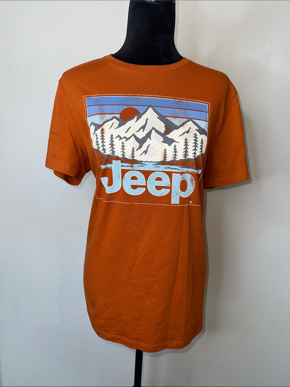 Jeep Orange Mountain Scene Short Sleeve Tee with Blue Accents